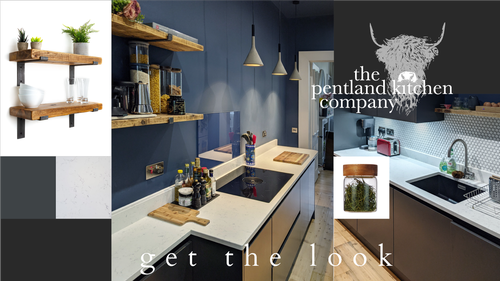 Image of a modern galley kitchen design with black handleless kitchen units, wooden laminate flooring, white kitchen worktops, and dark blue walls.