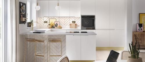Image of a white modern kitchen design with handleless kitchen units and cupboards