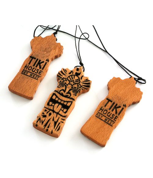 wooden tiki god pendant on black rope necklace