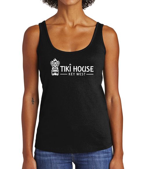 women's black tank top with tiki house logo in white on front