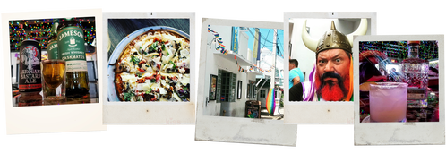 Composite image of snapshots of Mary Ellen's food, cocktails, events, and bar exterior.