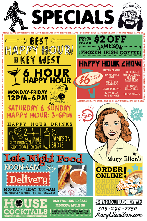 Poster image of Mary Ellen's events, online ordering, and happy hour specials.