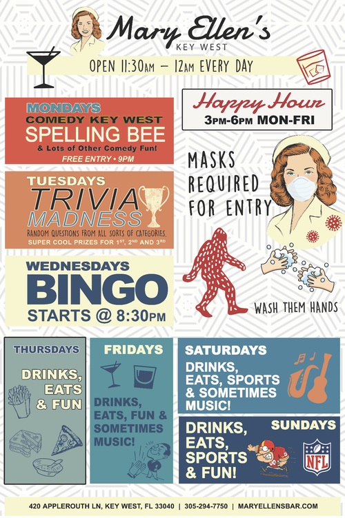 Poster image of Mary Ellen's weekly events and specials.