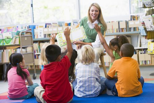 teacher leading children in classroom for Sunday school