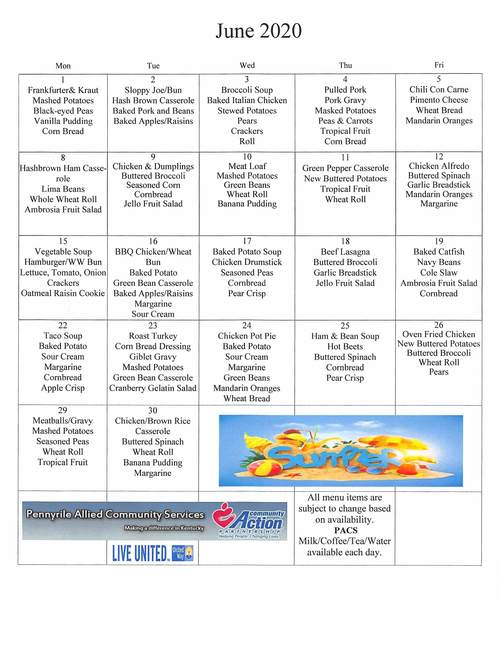June Home Delivered Meals Menu